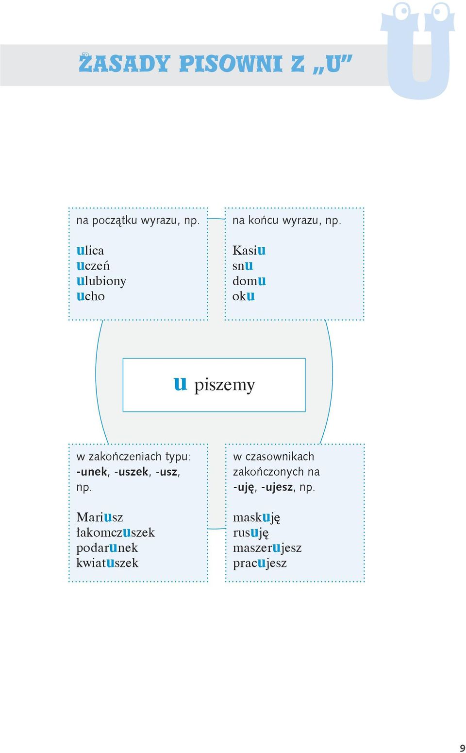 Kasiu snu domu oku u piszemy w zakończeniach typu: -unek, -uszek, -usz, np.