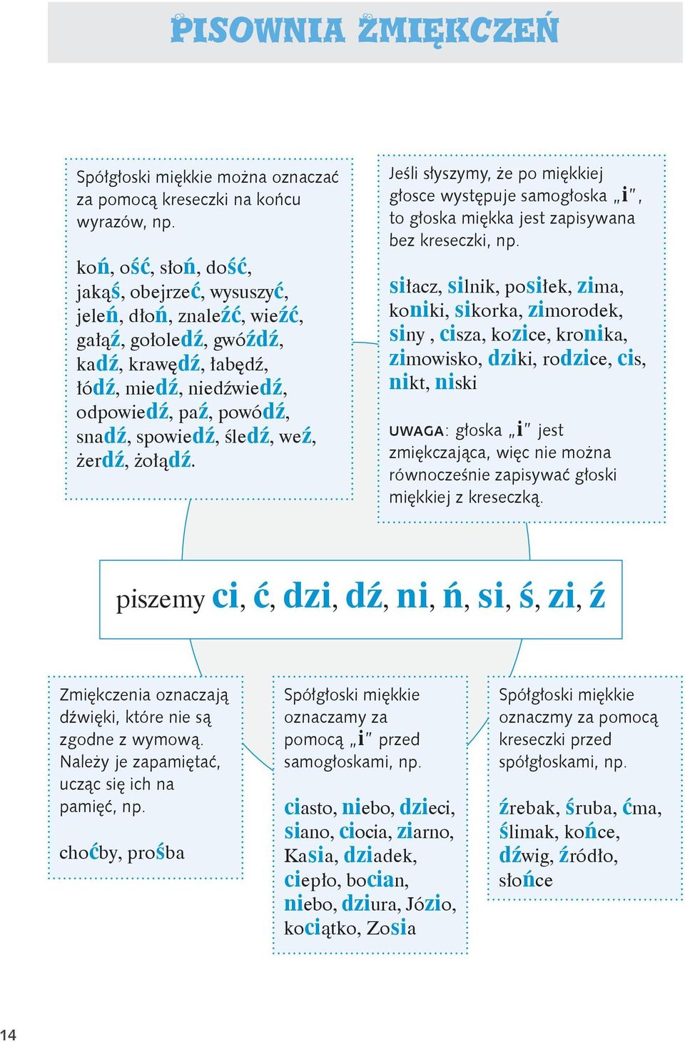 weź, żerdź, żołądź. Jeśli słyszymy, że po miękkiej głosce występuje samogłoska i, to głoska miękka jest zapisywana bez kreseczki, np.