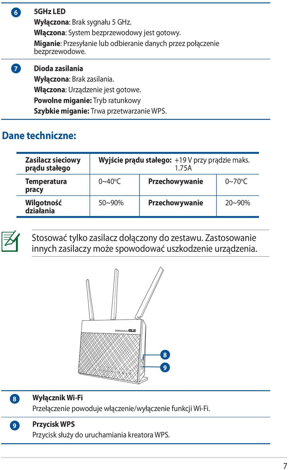 Dane techniczne: Zasilacz sieciowy prądu stałego Temperatura pracy Wilgotność działania Wyjście prądu stałego: +19 V przy prądzie maks. 1.