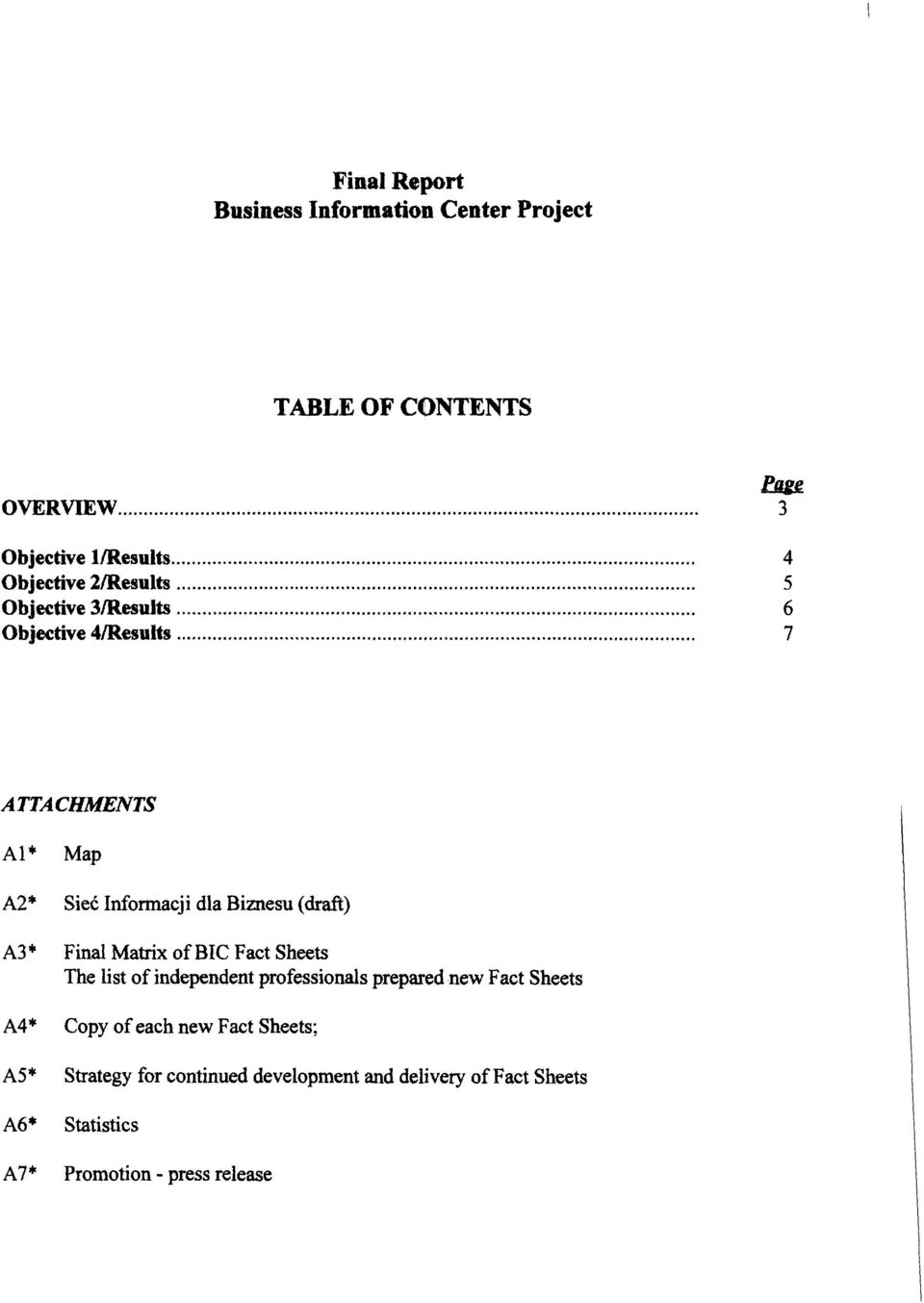 .. 7 ATTACHMENTS A Map A2* SieC Informacji dla Biznesu (draft) A3* Final Matrix of BIC Fact Sheets The list of independent