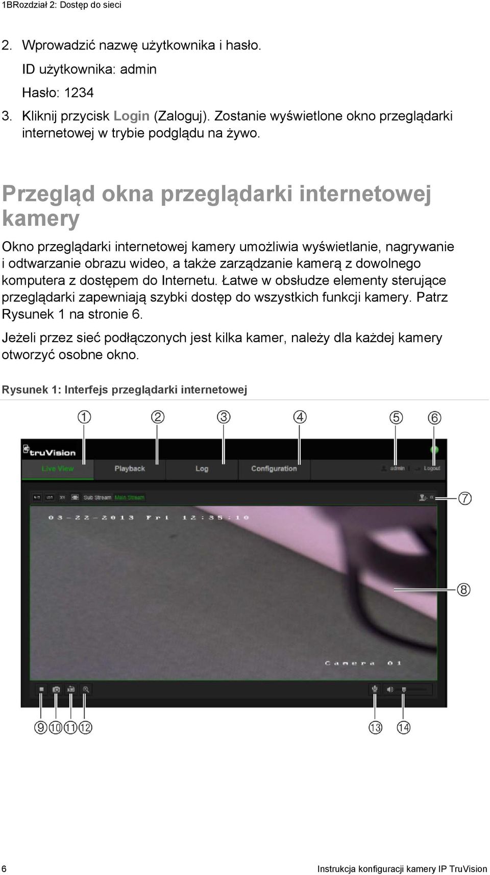 Przegląd okna przeglądarki internetowej kamery Okno przeglądarki internetowej kamery umożliwia wyświetlanie, nagrywanie i odtwarzanie obrazu wideo, a także zarządzanie kamerą z dowolnego