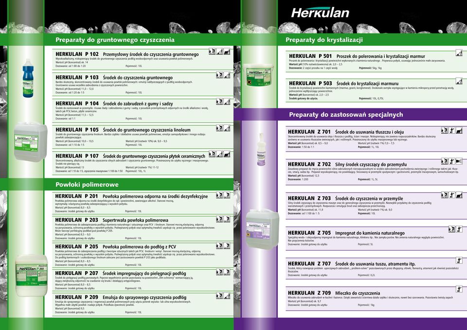 14 Dozowanie: od 1:80 do 1:20 HERKULAN P 103 Środek do czyszczenia gruntownego Bardzo skuteczny, skoncentrowany środek do usuwania powłok polimerowych i emulsji nabłyszczających z podłóg