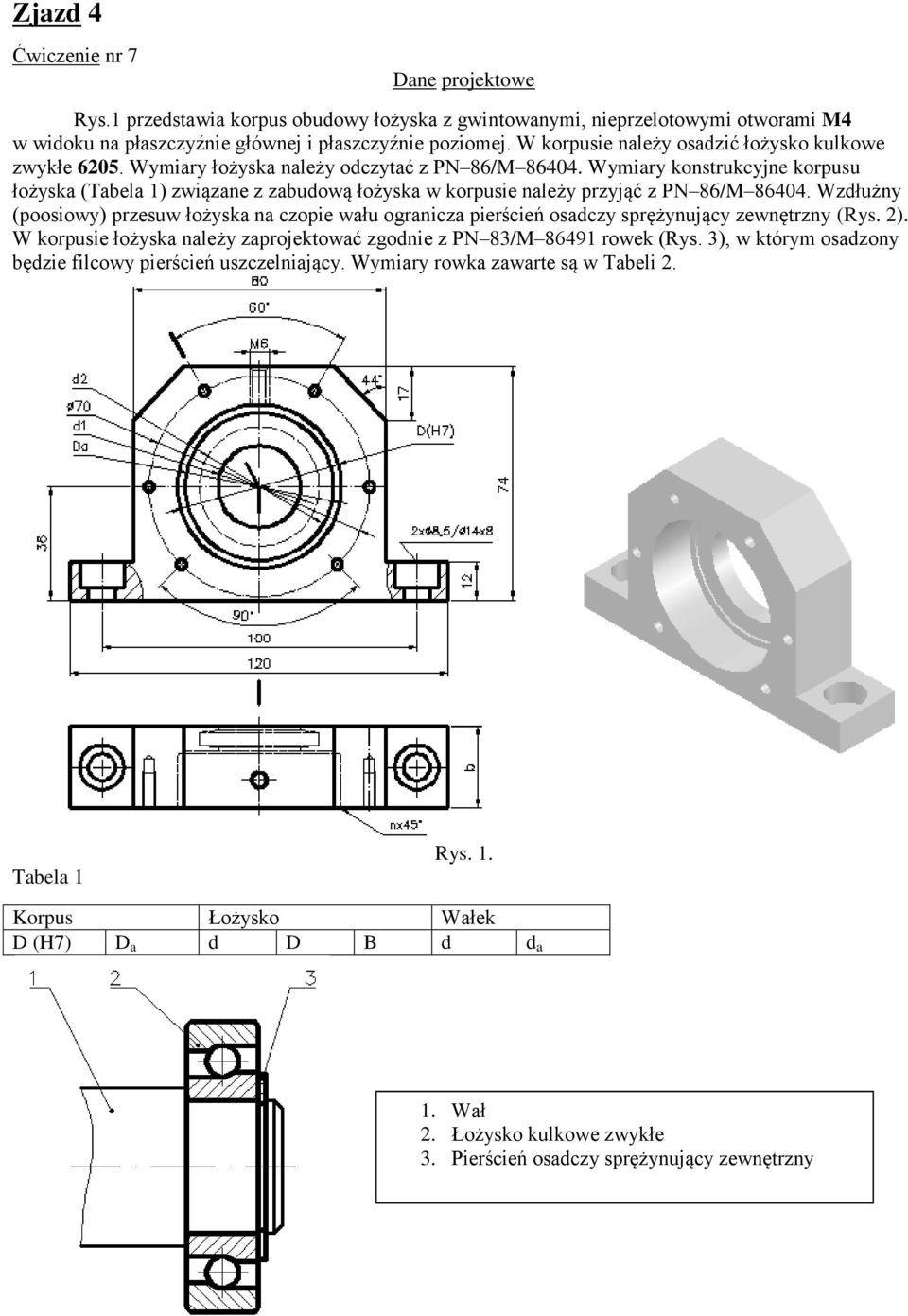 Wymiary konstrukcyjne korpusu łożyska (Tabela 1) związane z zabudową łożyska w korpusie należy przyjąć z PN 86/M 86404.