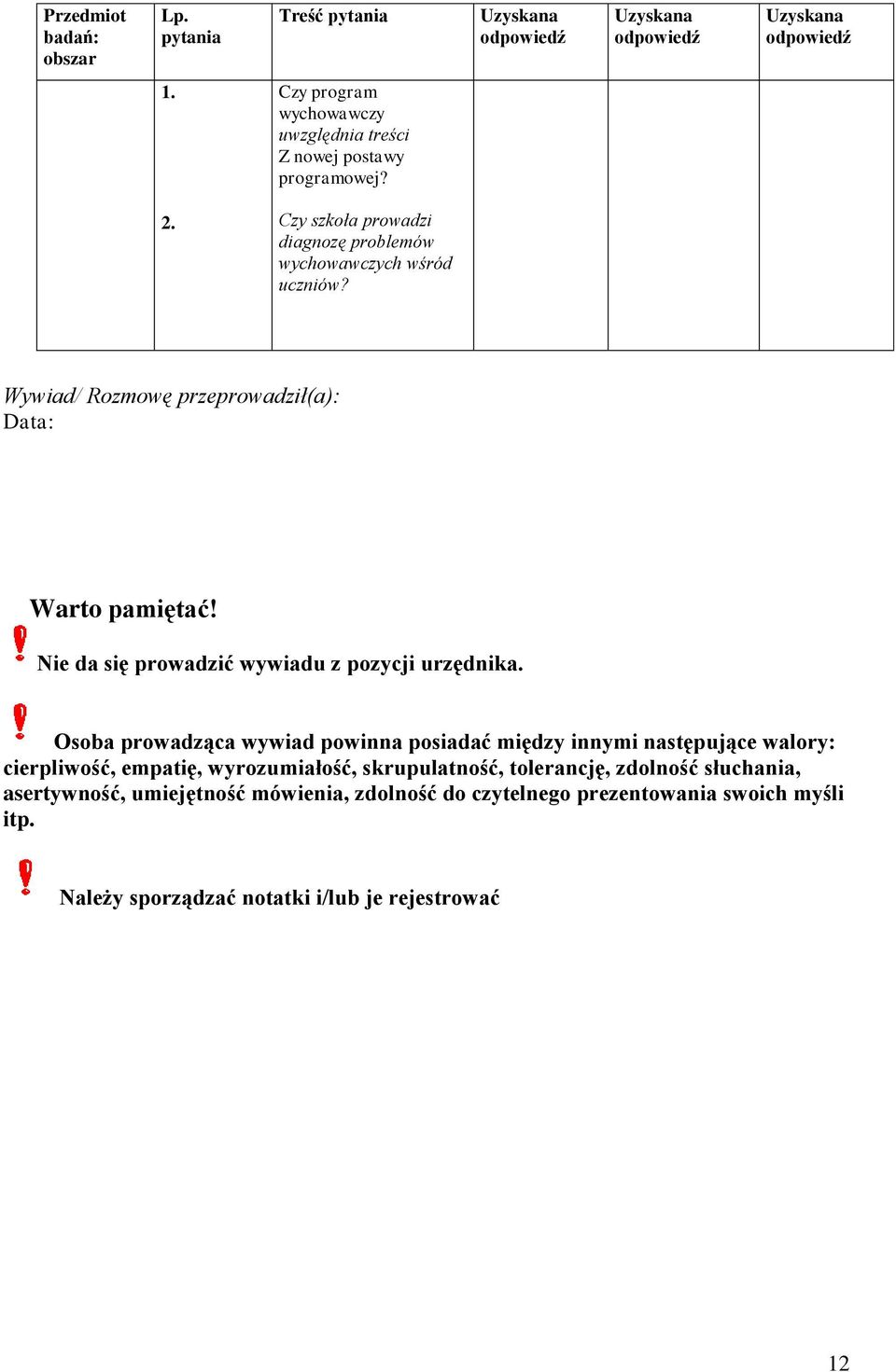 Wywiad/ Rozmowę przeprowadził(a): Data: Warto pamiętać! Nie da się prowadzić wywiadu z pozycji urzędnika.