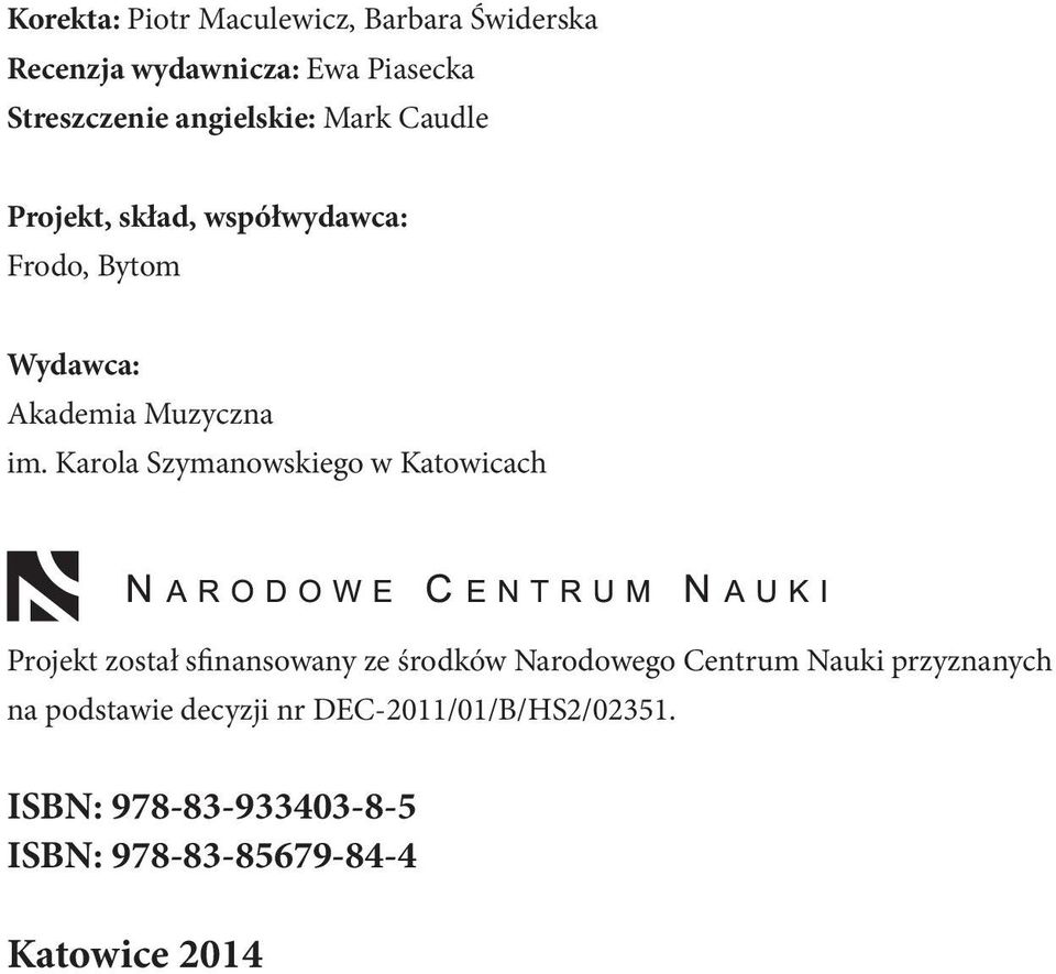 Karola Szymanowskiego w Katowicach Projekt został sfinansowany ze środków Narodowego Centrum Nauki