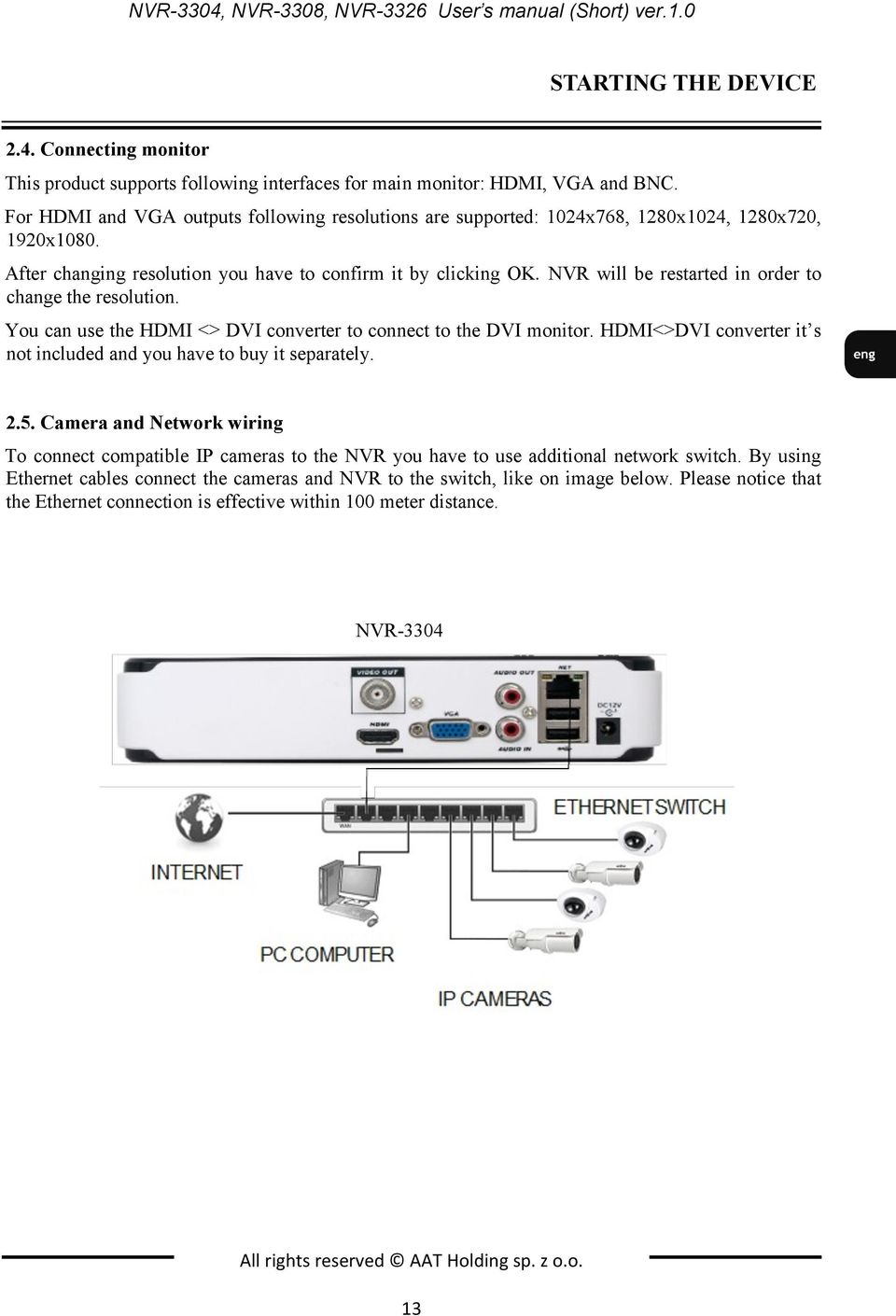 NVR will be restarted in order to change the resolution. You can use the HDMI <> DVI converter to connect to the DVI monitor. HDMI<>DVI converter it s not included and you have to buy it separately.