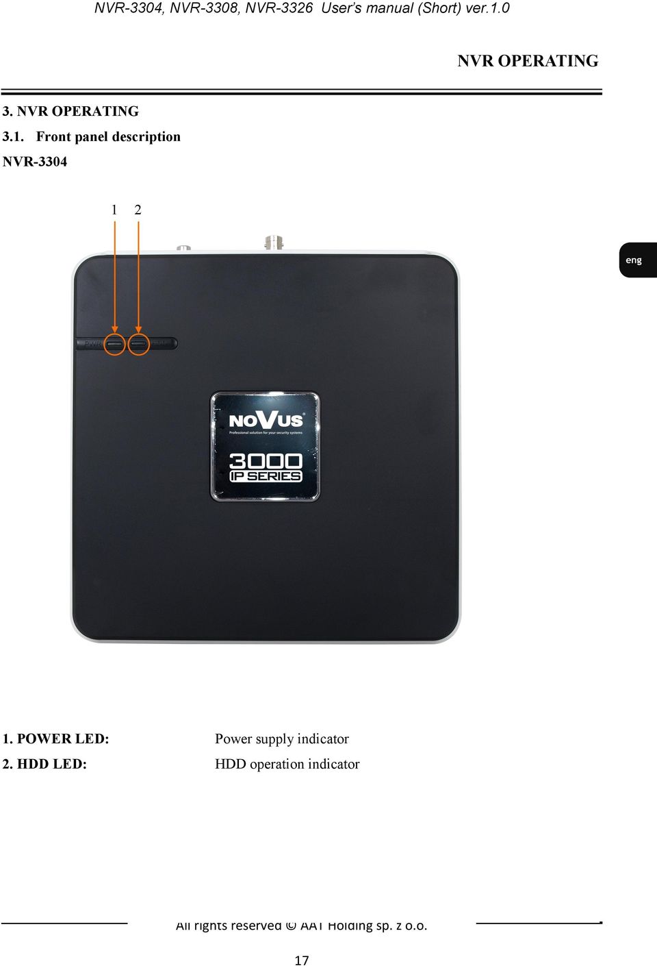 Front panel description NVR-3304 1 2 1.