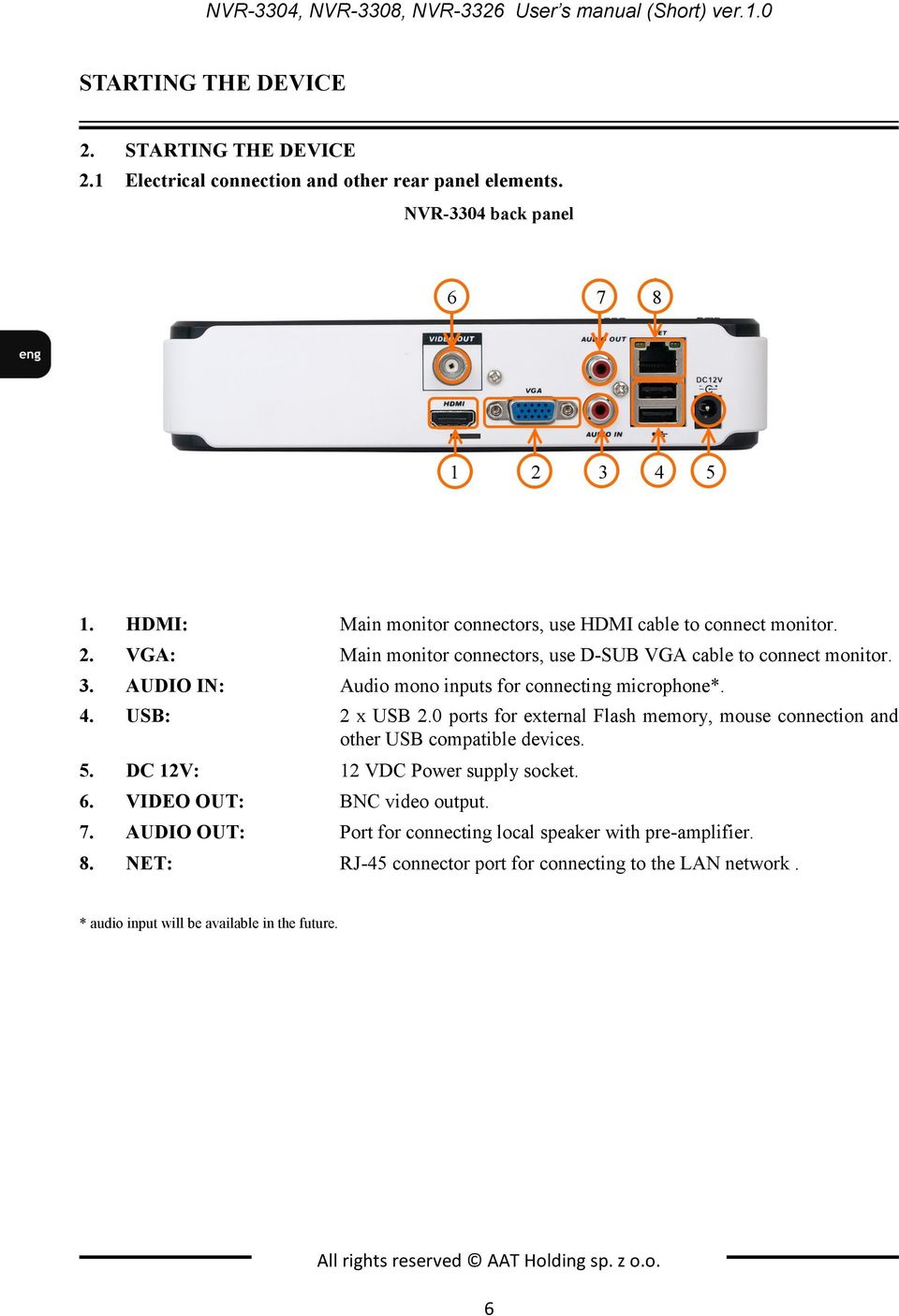 4. USB: 2 x USB 2.0 ports for external Flash memory, mouse connection and other USB compatible devices. 5. DC 12V: 12 VDC Power supply socket. 6. VIDEO OUT: BNC video output. 7.