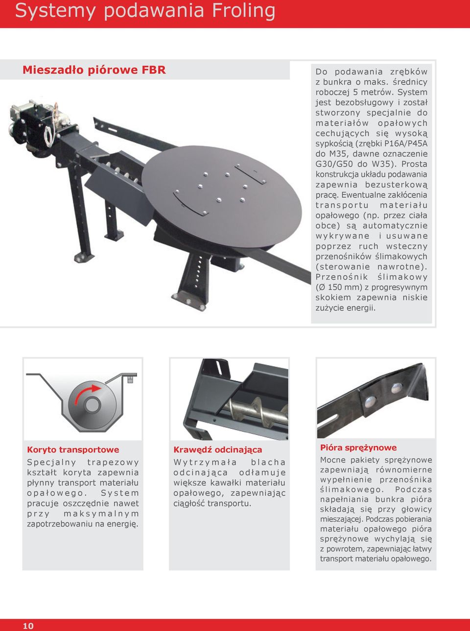 Prosta konstrukcja układu podawania zapewnia bezusterkową pracę. Ewentualne zakłócenia transportu materiału opałowego (np.