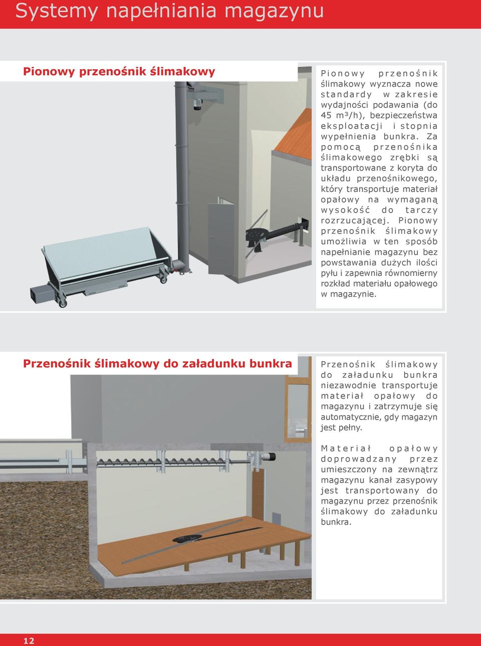 Pionowy przenośnik ślimakowy umożliwia w ten sposób napełnianie magazynu bez powstawania dużych ilości pyłu i zapewnia równomierny rozkład materiału opałowego w magazynie.
