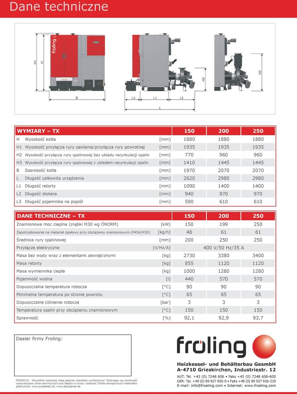 urządzenia [mm] 2620 2980 2980 L1 Długość retorty [mm] 1090 1400 1400 L2 Długość stokera [mm] 940 970 970 L3 Długość pojemnika na popiół [mm] 590 610 610 DANE TECHNICZNE TX 150 200 250 Znamionowa moc