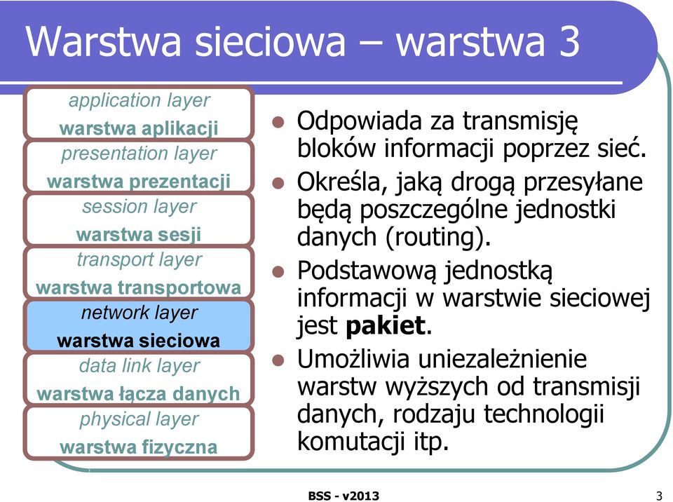 transmisję bloków informacji poprzez sieć. Określa, jaką drogą przesyłane będą poszczególne jednostki danych (routing).