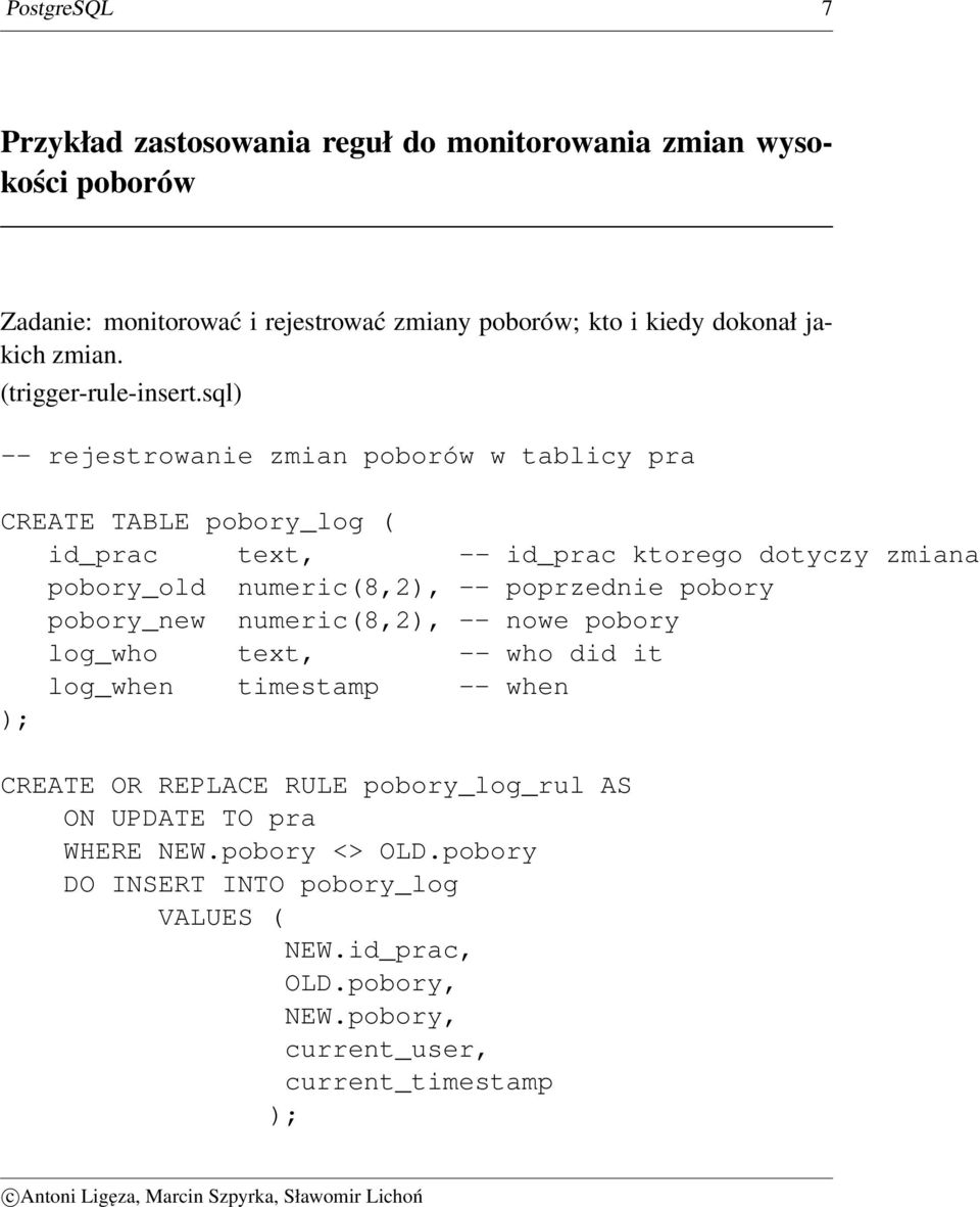 sql) -- rejestrowanie zmian poborów w tablicy pra CREATE TABLE pobory_log ( id_prac text, -- id_prac ktorego dotyczy zmiana pobory_old numeric(8,2), -- poprzednie