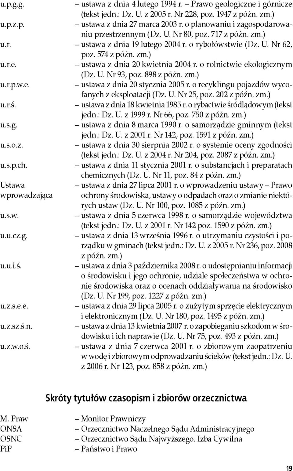 o rolnictwie ekologicznym (Dz. U. Nr 93, poz. 898 z późn. zm.) u.r.p.w.e. ustawa z dnia 20 stycznia 2005 r. o recyklingu pojazdów wycofanych z eksploatacji (Dz. U. Nr 25, poz. 202 z późn. zm.) u.r.ś.