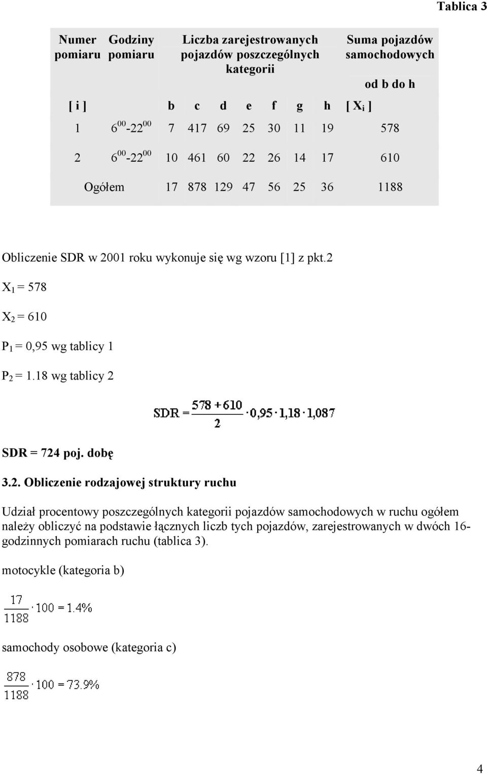 2 X 1 = 578 X 2 = 610 P 1 = 0,95 wg tablicy 1 P 2 = 1.18 wg tablicy 2 SDR = 724 poj. dobę 3.2. Obliczenie rodzajowej struktury ruchu Udział procentowy poszczególnych kategorii