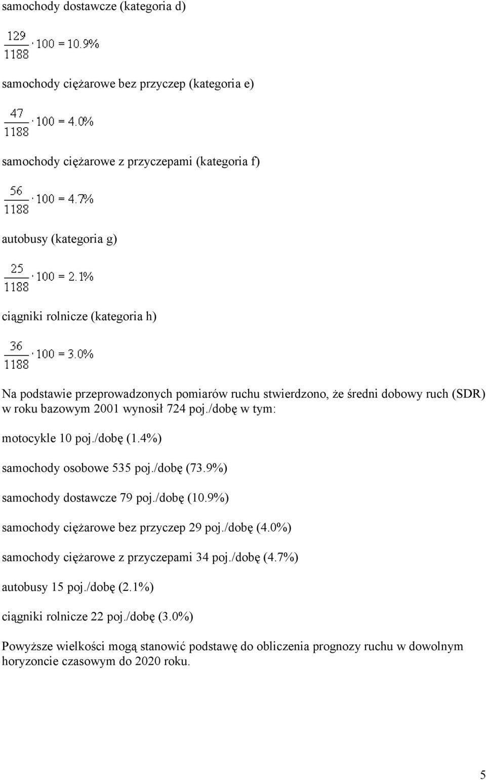 4%) samochody osobowe 535 poj./dobę (73.9%) samochody dostawcze 79 poj./dobę (10.9%) samochody ciężarowe bez przyczep 29 poj./dobę (4.0%) samochody ciężarowe z przyczepami 34 poj.