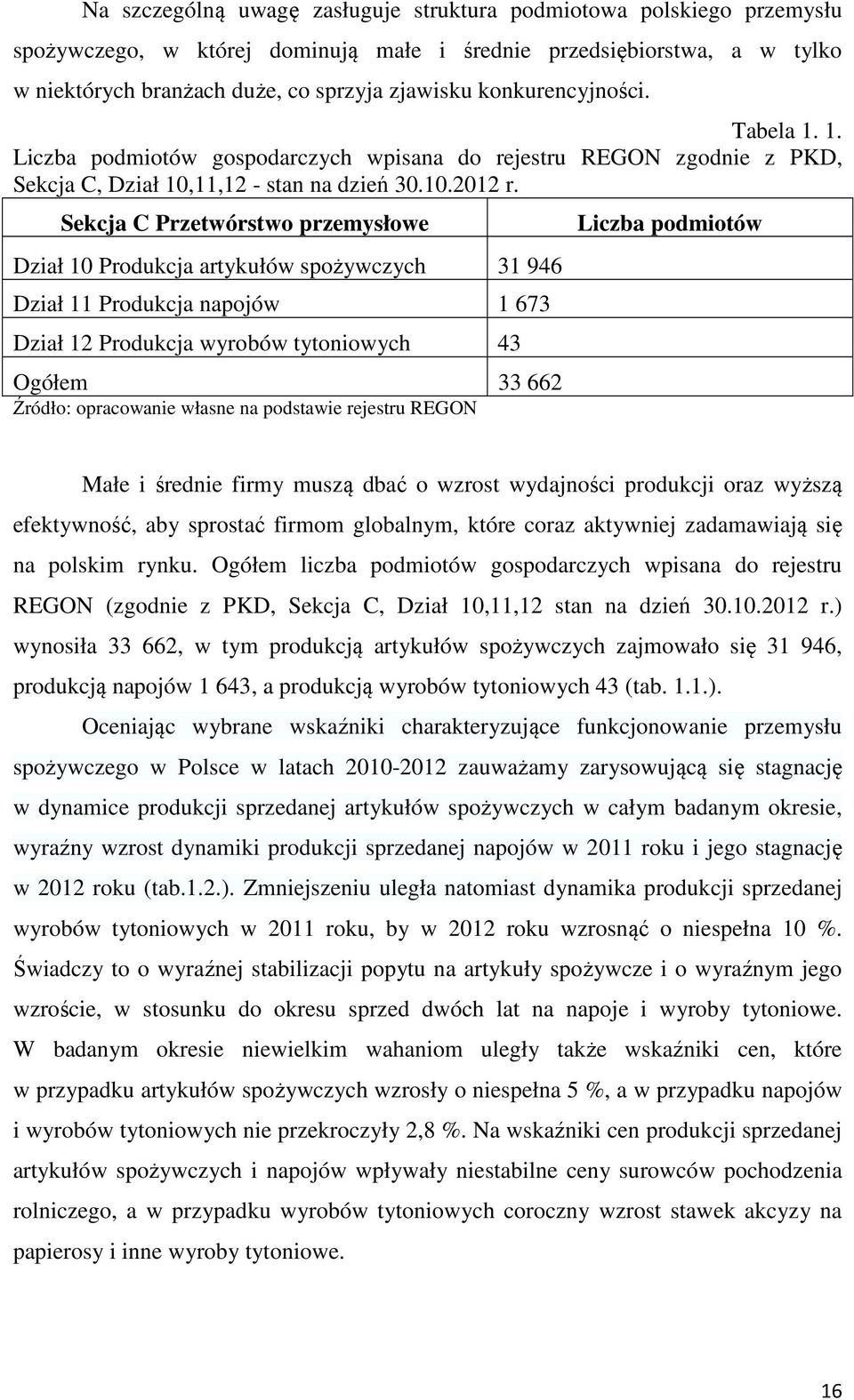 Sekcja C Przetwórstwo przemysłowe Dział 10 Produkcja artykułów spożywczych 31 946 Dział 11 Produkcja napojów 1 673 Dział 12 Produkcja wyrobów tytoniowych 43 Ogółem 33 662 Źródło: opracowanie własne