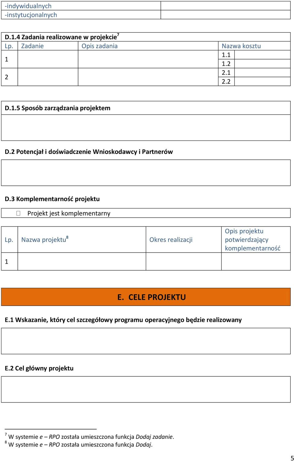 Nazwa projektu 8 Okres realizacji Opis projektu potwierdzający komplementarnośd E. CELE PROJEKTU E.