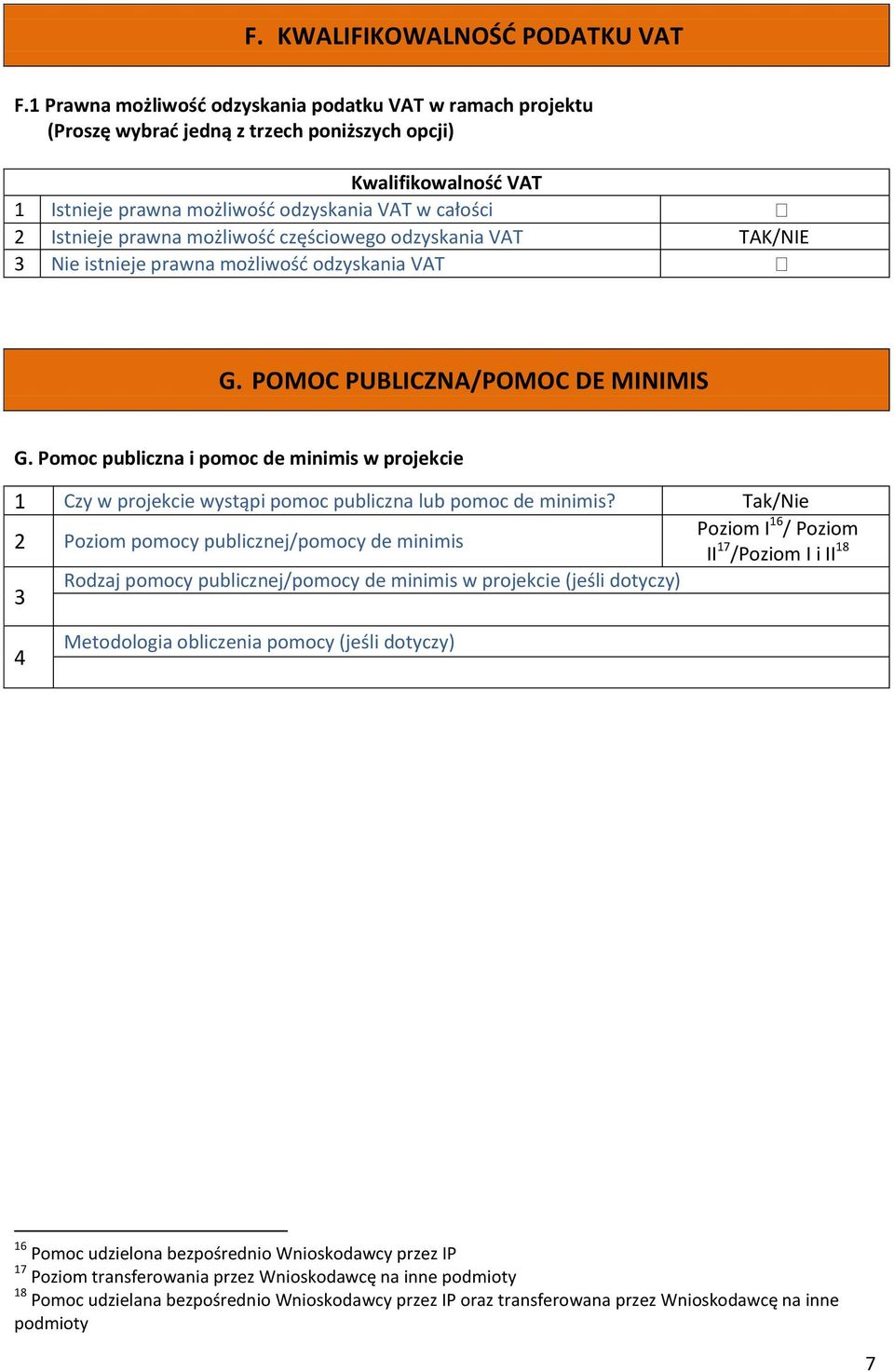 możliwośd częściowego odzyskania VAT TAK/NIE 3 Nie istnieje prawna możliwośd odzyskania VAT G. POMOC PUBLICZNA/POMOC DE MINIMIS G.