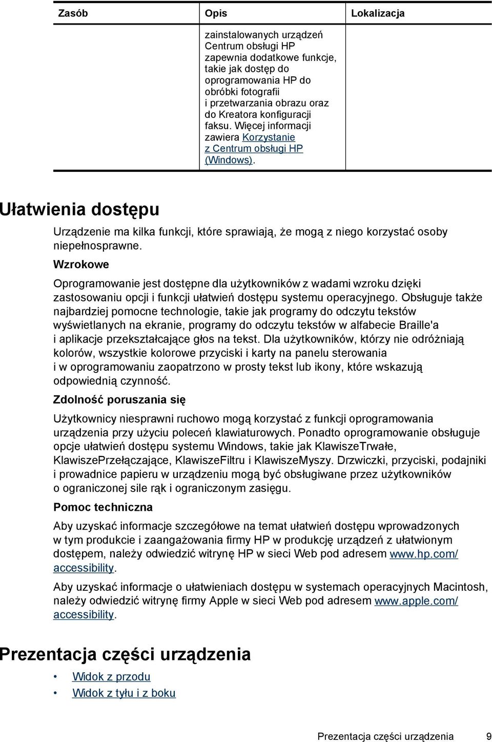 Ułatwienia dostępu Urządzenie ma kilka funkcji, które sprawiają, że mogą z niego korzystać osoby niepełnosprawne.