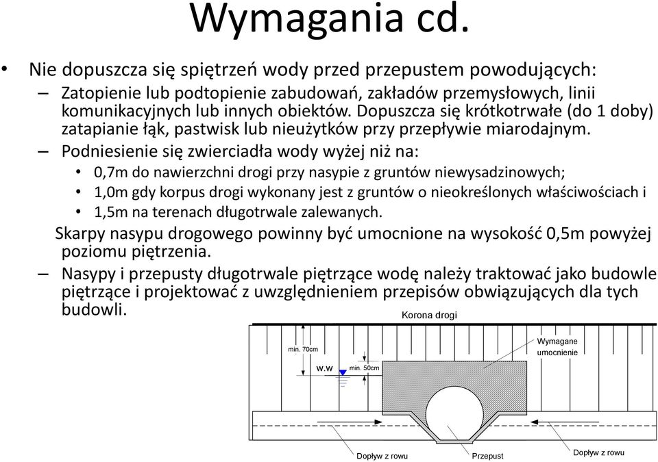 Podniesienie się zwierciadła wody wyżej niż na: 0,7m do nawierzchni drogi przy nasypie z gruntów niewysadzinowych; 1,0m gdy korpus drogi wykonany jest z gruntów o nieokreślonych właściwościach i 1,5m