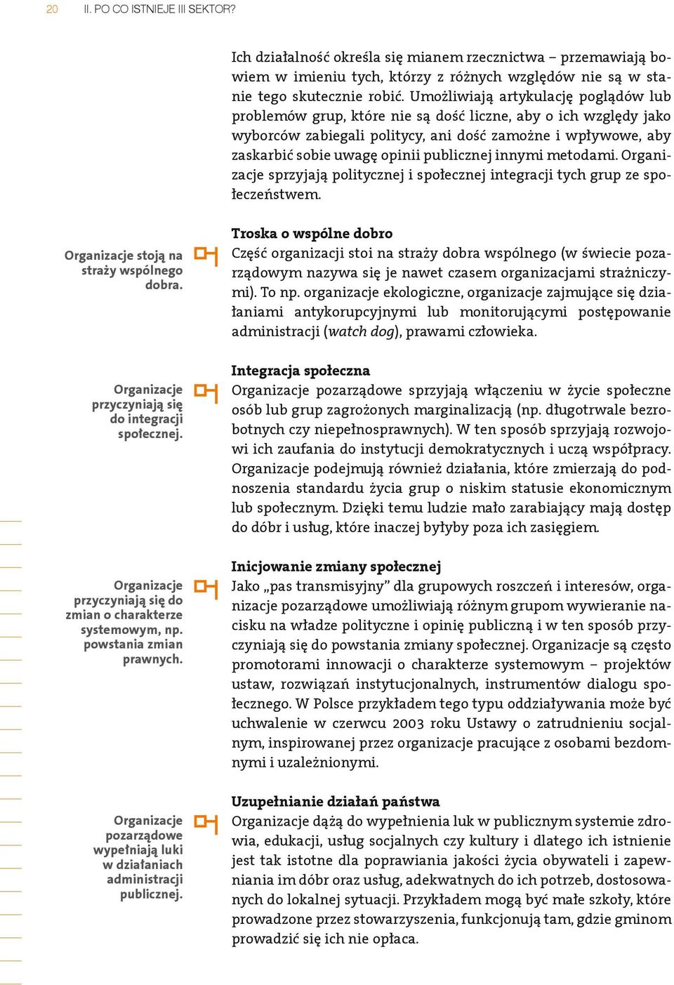 publicznej innymi metodami. Organizacje sprzyjają politycznej i społecznej integracji tych grup ze społeczeństwem. Organizacje stoją na straży wspólnego dobra.