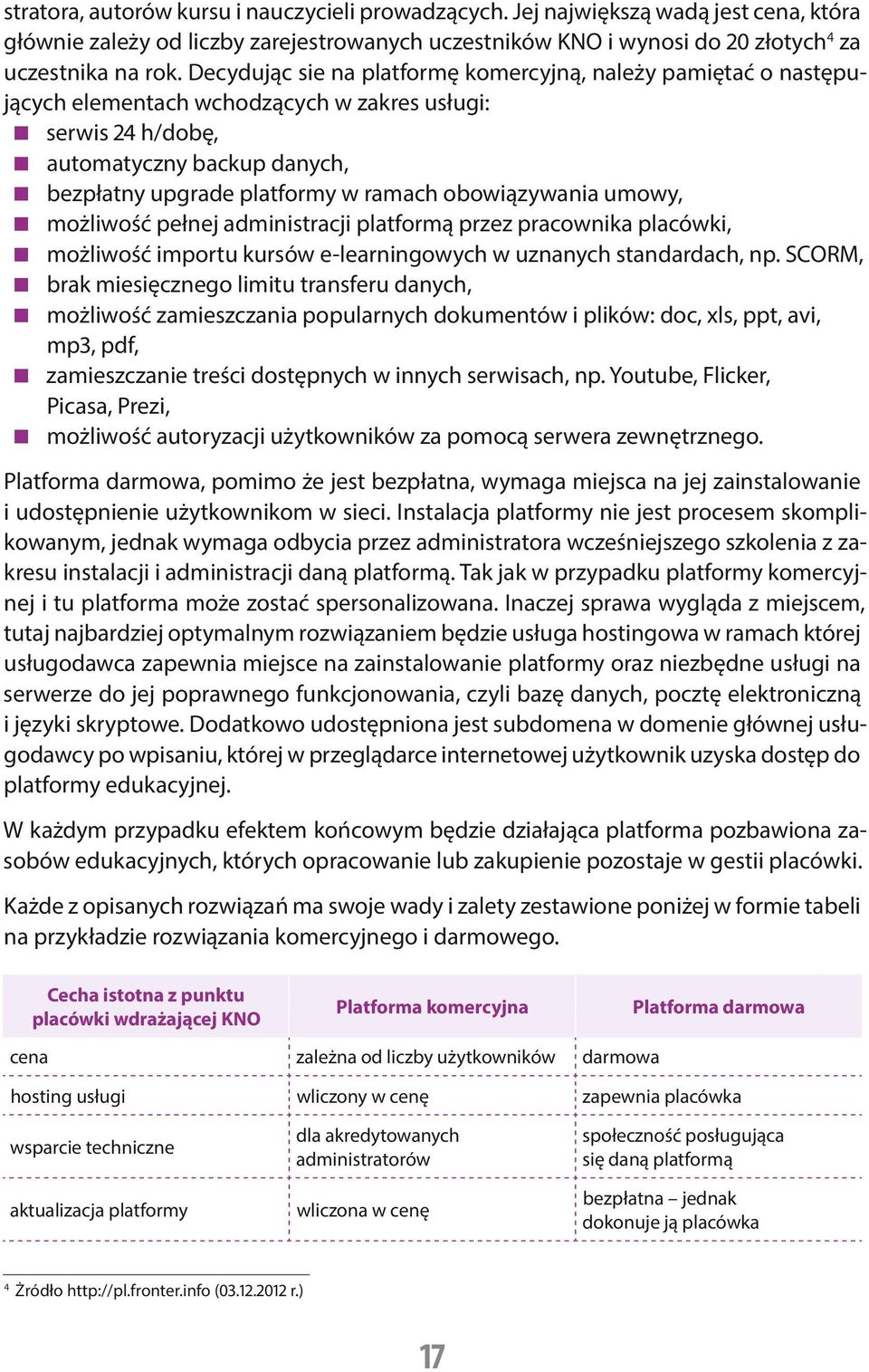 obowiązywania umowy, możliwość pełnej administracji platformą przez pracownika placówki, możliwość importu kursów e-learningowych w uznanych standardach, np.