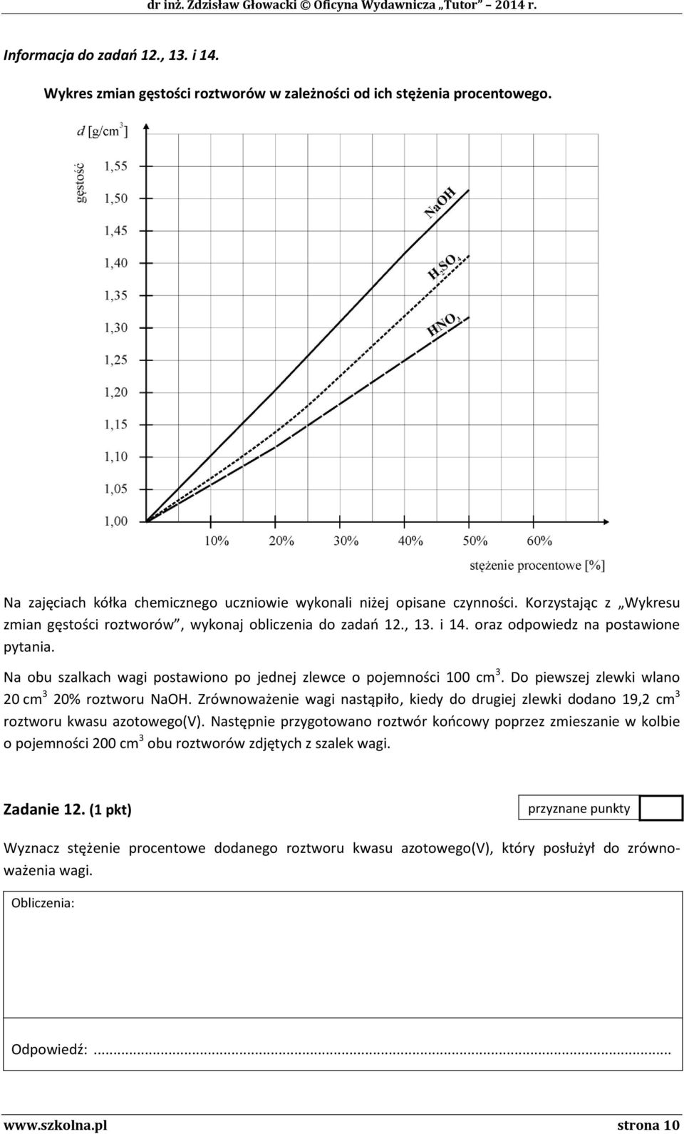 Do piewszej zlewki wlano 20 cm 3 20% roztworu NaOH. Zrównoważenie wagi nastąpiło, kiedy do drugiej zlewki dodano 19,2 cm 3 roztworu kwasu azotowego(v).