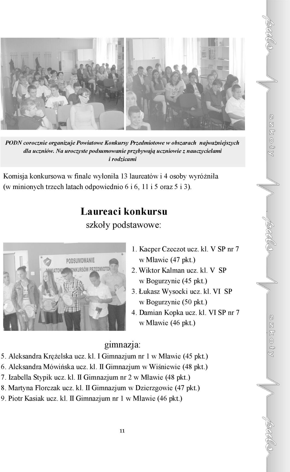 oraz 5 i 3). Laureaci konkursu szkoły podstawowe: 1. Kacper Czeczot ucz. kl. V SP nr 7 w Mławie (47 pkt.) 2. Wiktor Kalman ucz. kl. V SP w Bogurzynie (45 pkt.) 3. Łukasz Wysocki ucz. kl. VI SP w Bogurzynie (50 pkt.