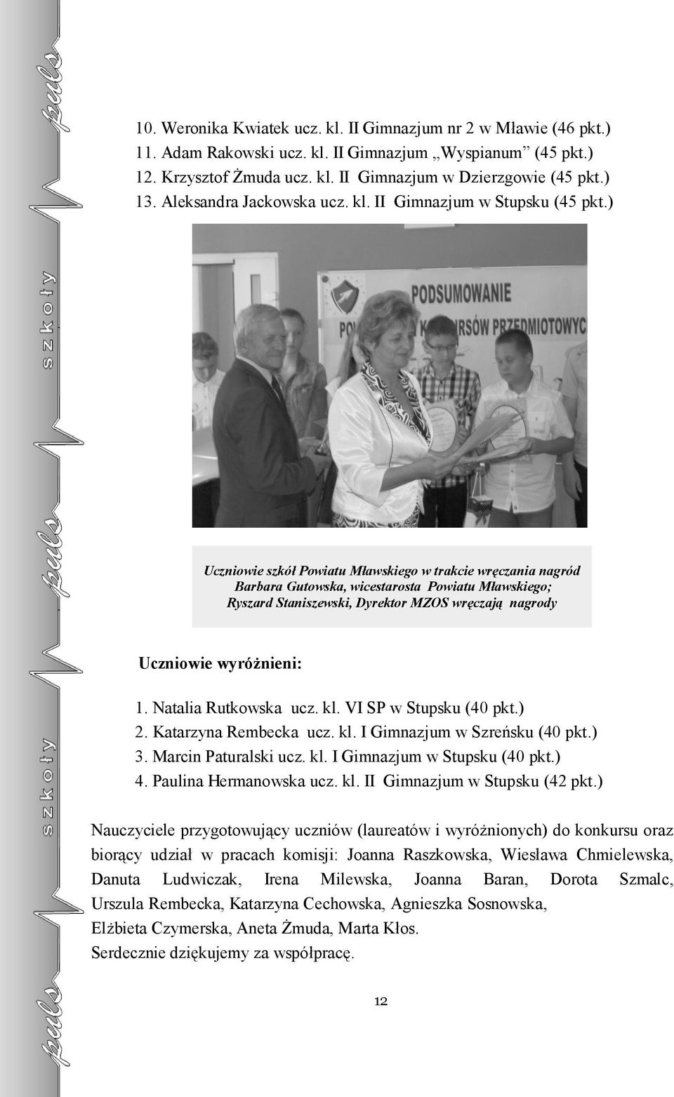 ) Uczniowie szkół Powiatu Mławskiego w trakcie wręczania nagród Barbara Gutowska, wicestarosta Powiatu Mławskiego; Ryszard Staniszewski, Dyrektor MZOS wręczają nagrody Uczniowie wyróżnieni: 1.