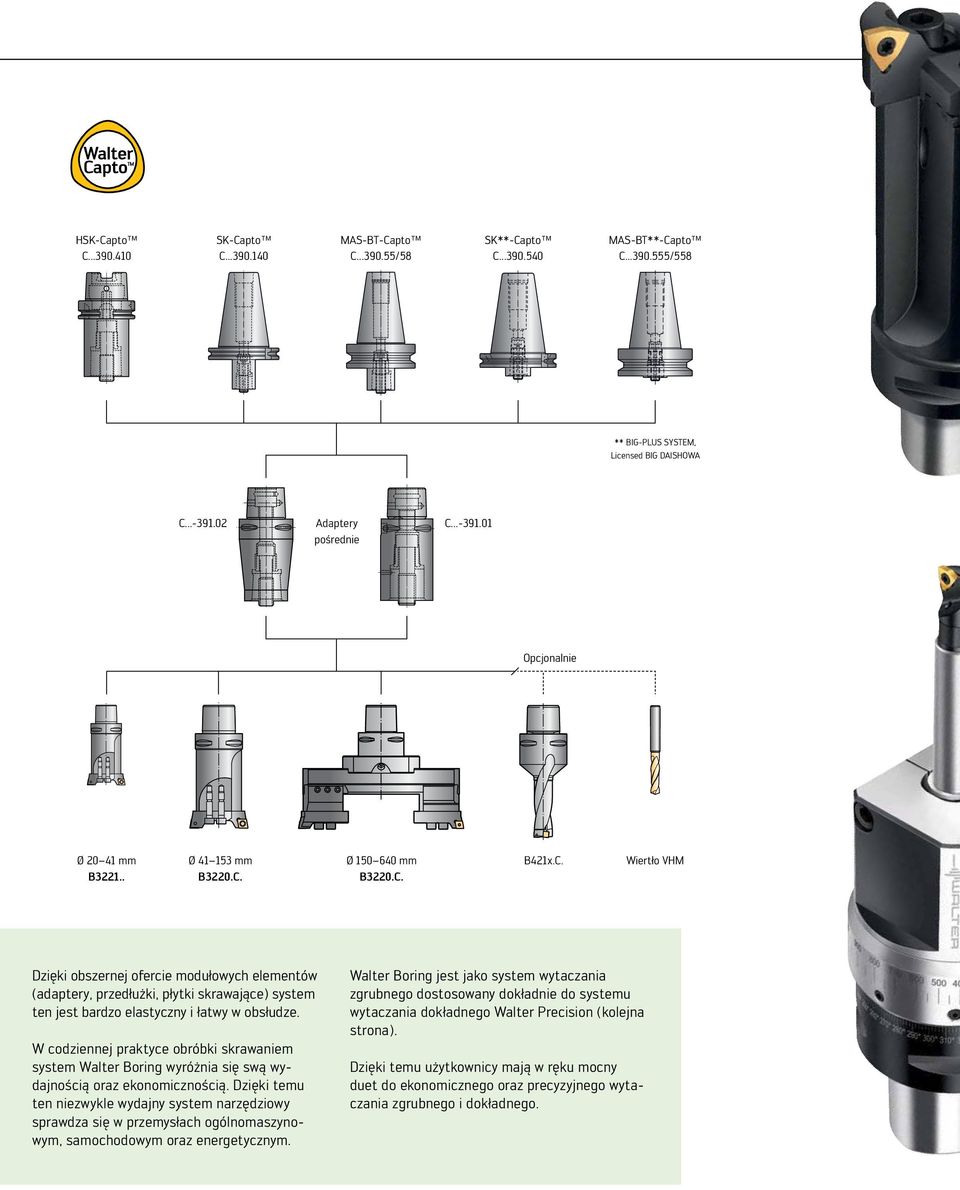 Ø 150 640 mm B3220.C. B421x.C. Wiertło VHM Dzięki obszernej ofercie modułowych elementów (adaptery, przedłużki, płytki skrawające) system ten jest bardzo elastyczny i łatwy w obsłudze.