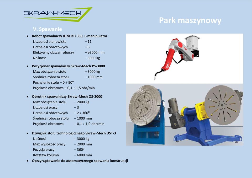 Skraw-Mech OS-2000 Max obciążenie stołu 2000 kg Liczba osi pracy 3 Liczba osi obrotowych 2 / 360⁰ Średnica robocza stołu 1000 mm Prędkość obrotowa 0,1 1,0 obr/min Dźwignik