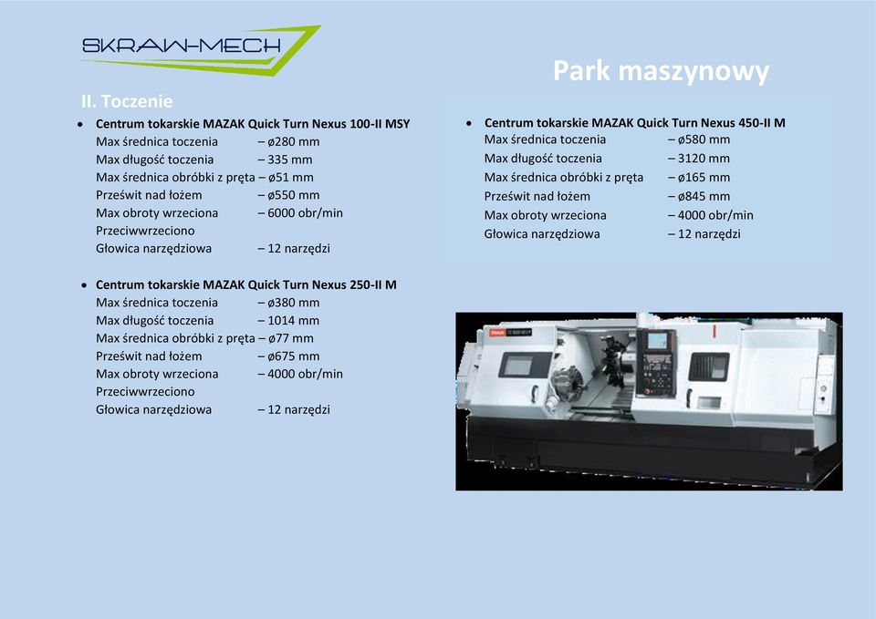 długość toczenia 3120 mm Max średnica obróbki z pręta ø165 mm Prześwit nad łożem ø845 mm 4000 obr/min 12 narzędzi Centrum tokarskie MAZAK Quick Turn Nexus