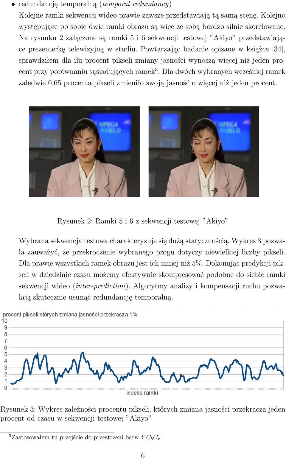 Na rysunku 2 załączone są ramki 5 i 6 sekwencji testowej Akiyo przedstawiające prezenterkę telewizyjną w studiu.