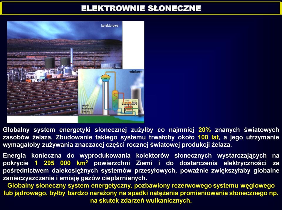 Energia konieczna do wyprodukowania kolektorów słonecznych wystarczających na pokrycie 1 295 000 km 2 powierzchni Ziemi i do dostarczenia elektryczności za pośrednictwem dalekosiężnych