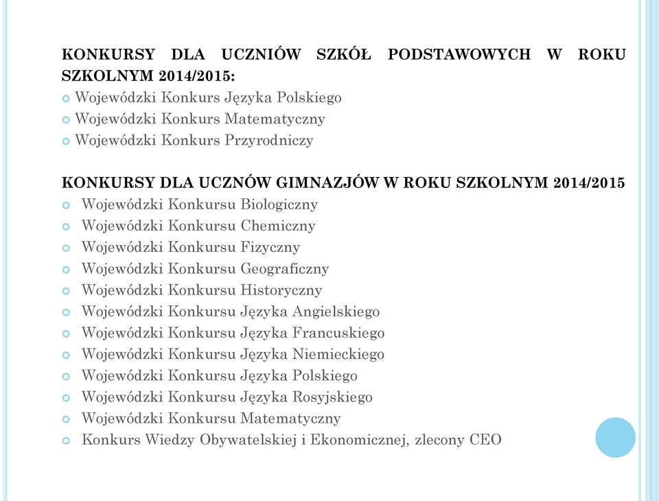 Wojewódzki Konkursu Geograficzny Wojewódzki Konkursu Historyczny Wojewódzki Konkursu Języka Angielskiego Wojewódzki Konkursu Języka Francuskiego Wojewódzki Konkursu