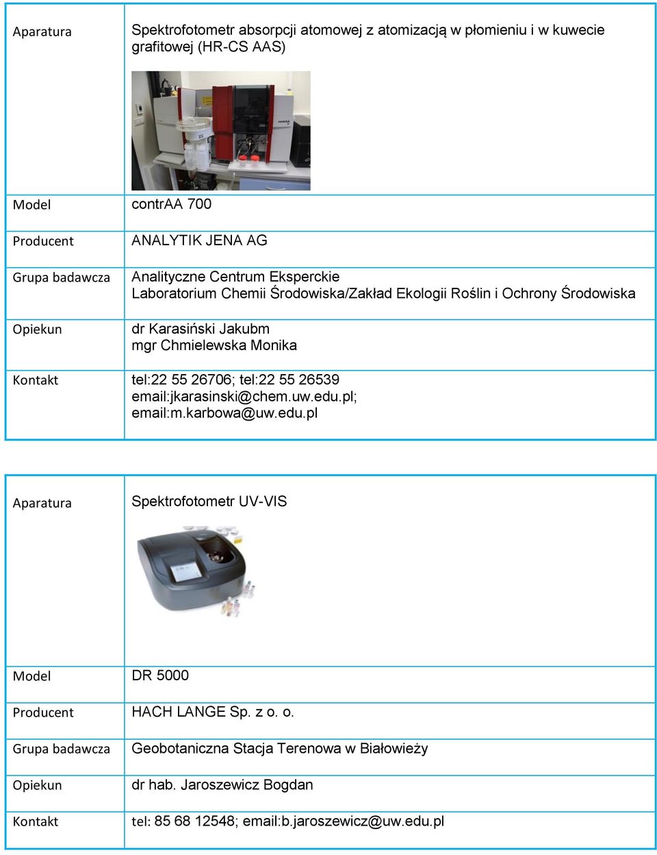 Chmielewska Monika tel:22 55 26706; tel:22 55 26539 email:jkarasinski@chem.uw.edu.pl; email:m.karbowa@uw.edu.pl Spektrofotometr UV-VIS DR 5000 HACH LANGE Sp.