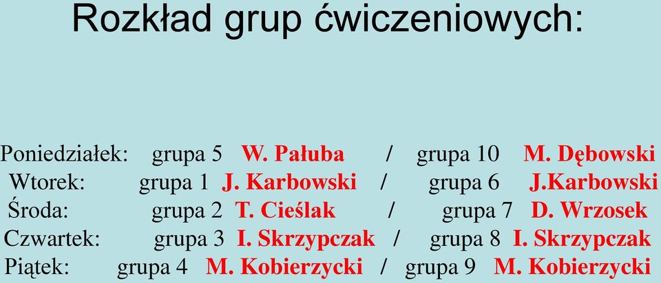 Karbowski Środa: grupa 2 T. Cieślak / grupa 7 D.