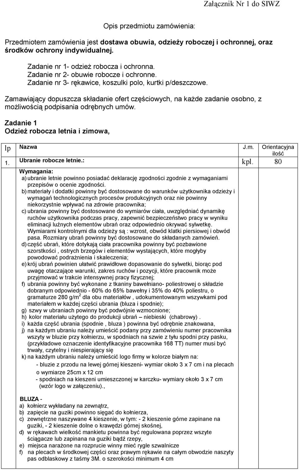 Zamawiający dopuszcza składanie ofert częściowych, na każde zadanie osobno, z możliwością podpisania odrębnych umów. Zadanie 1 Odzież robocza letnia i zimowa, lp Nazwa J.m. Orientacyjna ilość 1.