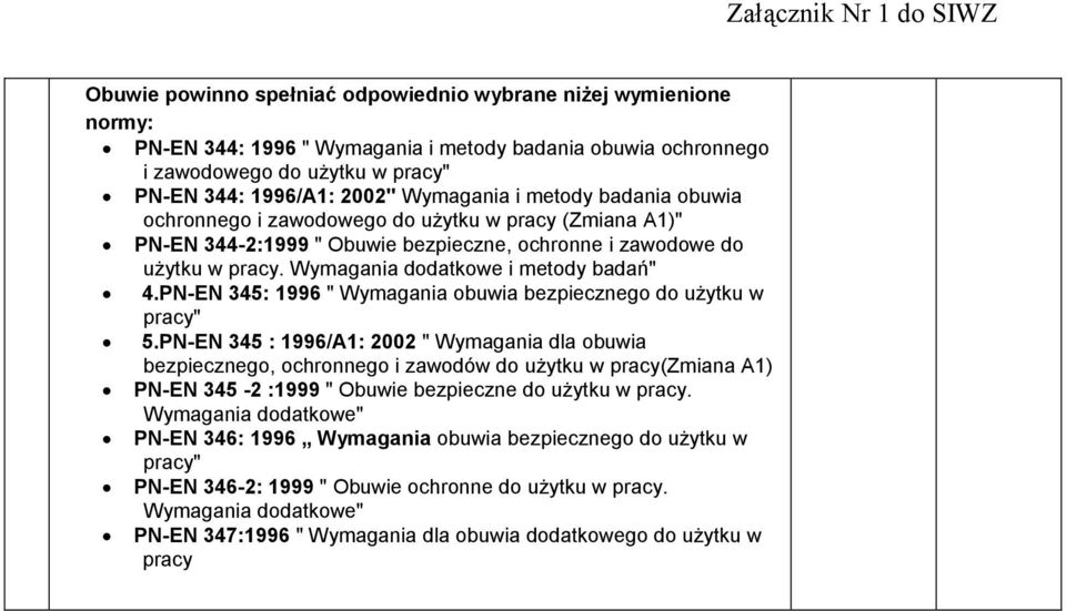 PN-EN 345: 1996 " Wymagania obuwia bezpiecznego do użytku w pracy" 5.