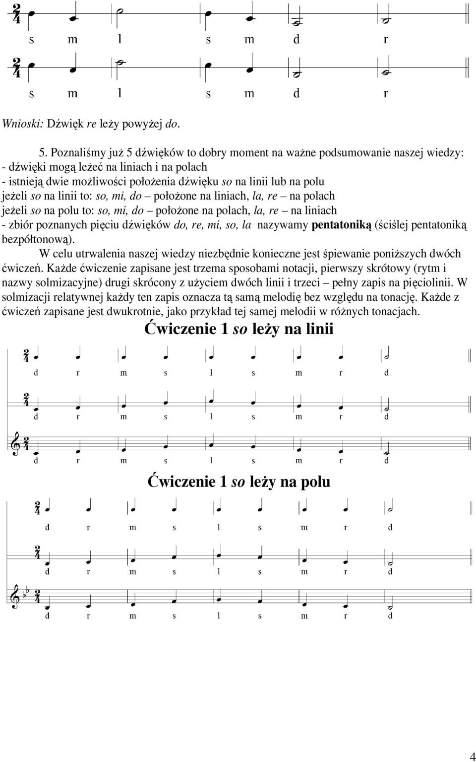 so na linii to: so, mi, do połoŝone na liniach, la, re na polach jeŝeli so na polu to: so, mi, do połoŝone na polach, la, re na liniach - zbiór poznanych pięciu dźwięków do, re, mi, so, la nazywamy