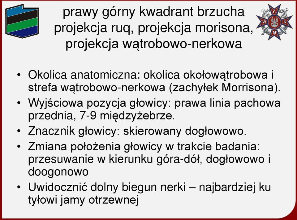 Wyjściowa pozycja głowicy: prawa linia pachowa przednia, 7-9 międzyżebrze. Znacznik głowicy: skierowany dogłowowo.