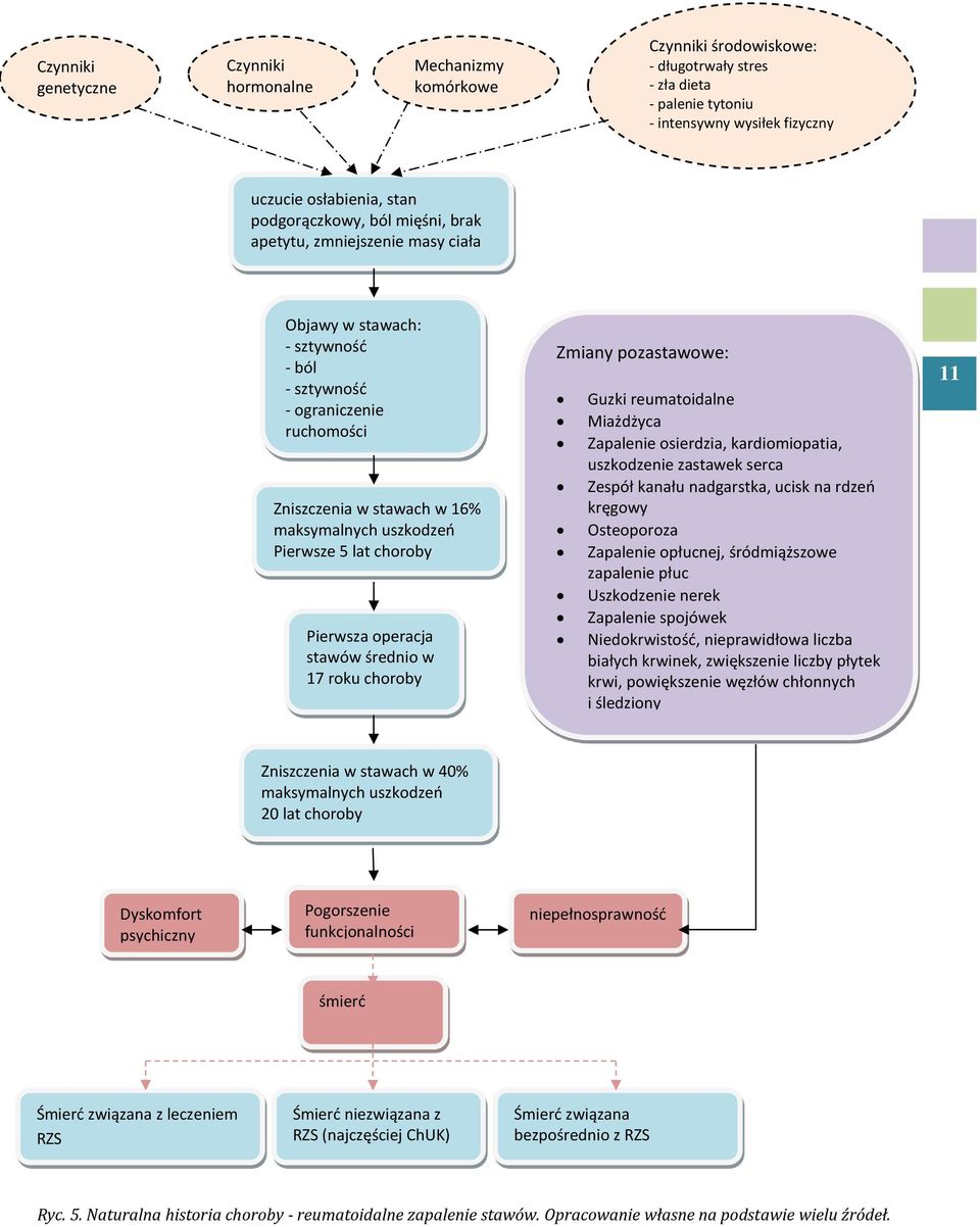 uszkodzeń Pierwsze 5 lat choroby Pierwsza operacja stawów średnio w 17 roku choroby Zmiany pozastawowe: Guzki reumatoidalne Miażdżyca Zapalenie osierdzia, kardiomiopatia, uszkodzenie zastawek serca