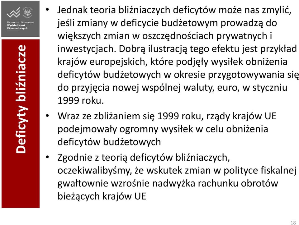 Dobrą ilustracją tego efektu jest przykład krajów europejskich, które podjęły wysiłek obniżenia deficytów budżetowych w okresie przygotowywania się do przyjęcia nowej