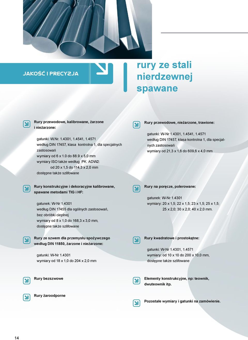 9 x 5,0 mm wymiary ISO także według PK ADW2: od 20 x 1,5 do 114,3 x 2,0 mm dostępne także szlifowane Rury przewodowe, nieżarzone, trawione: gatunki: W-Nr 1.4301, 1.4541, 1.