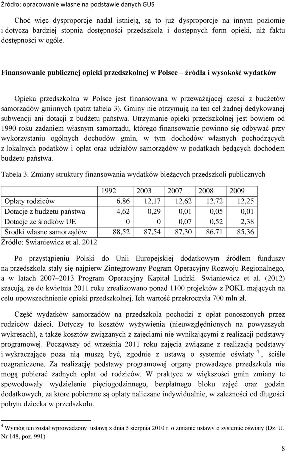 Finansowanie publicznej opieki przedszkolnej w Polsce źródła i wysokość wydatków Opieka przedszkolna w Polsce jest finansowana w przeważającej części z budżetów samorządów gminnych (patrz tabela 3).