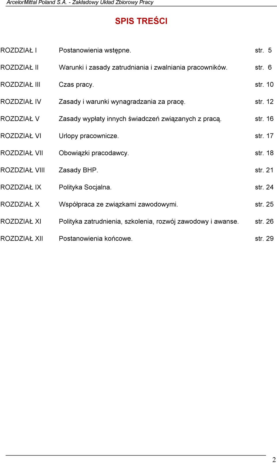 str. 21 ROZDZIAŁ IX Polityka Socjalna. str. 24 ROZDZIAŁ X Współpraca ze związkami zawodowymi. str. 25 ROZDZIAŁ XI Polityka zatrudnienia, szkolenia, rozwój zawodowy i awanse.