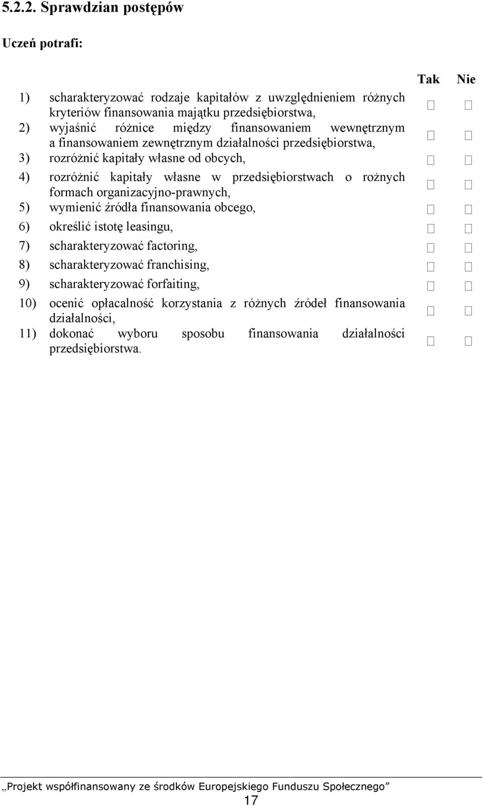 rożnych formach organizacyjno-prawnych, 5) wymienić źródła finansowania obcego, 6) określić istotę leasingu, 7) scharakteryzować factoring, 8) scharakteryzować franchising, 9)