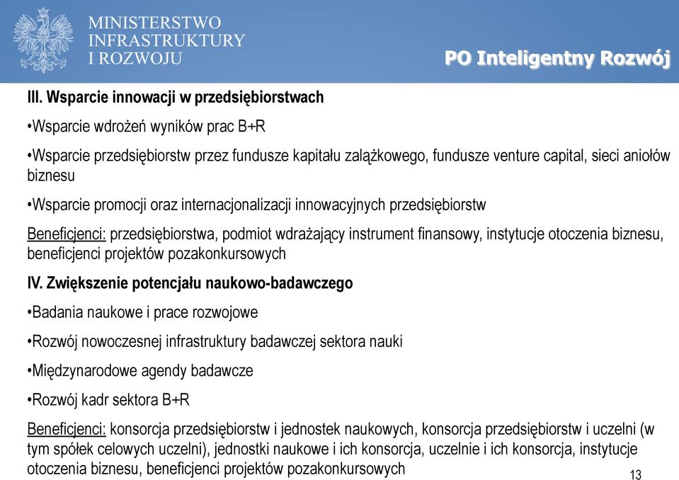 otoczenia biznesu, beneficjenci projektów pozakonkursowych IV.