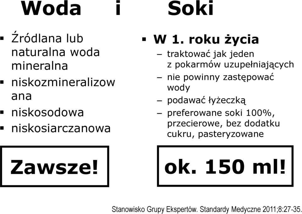 roku życia traktować jak jeden z pokarmów uzupełniających nie powinny zastępować wody